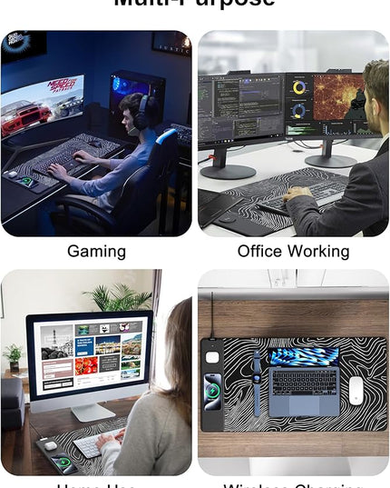 TopMade Mouse Pad with 15W Fast Wireless Charging, 31.5"x15.75" XXL Large Gaming Waterproof Desk Pad with Ultra-Smooth Surface, Non-Slip Base, Computer Desk Mat, Black Topographic Map #1