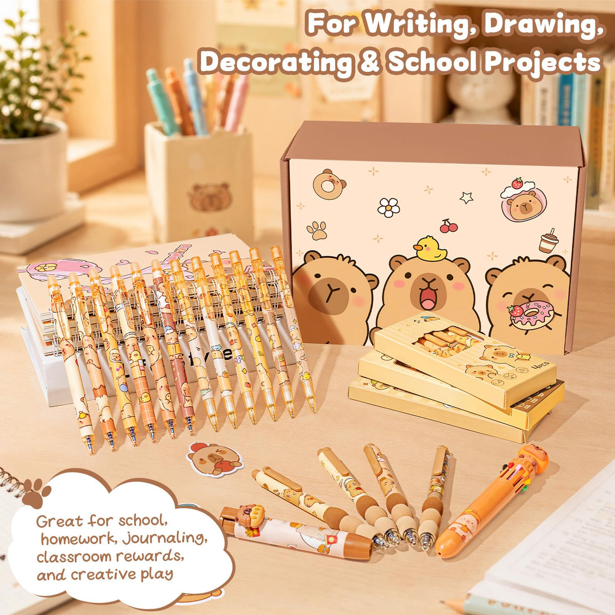 Similove Capybara Stationery Set 92 Pcs, Kawaii Back to School Supply Bundle with Pencil Case, Notebooks, Pens and Stickers, Cute School Supplies for Kids Girls, Kindergarten Elementary Gifts