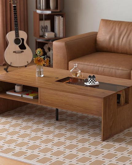 NessCarsti Coffee Table with LED Lights, 51" Modern Rectangular Living Room Center Table with Storage Shelves & Hidden Compartment, Stylish Tea Table for Apartment, Home, Office