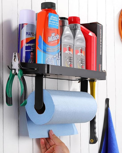 YIGII Garage Paper Towel Holder with Shelf - Wall Mount Papertowel Holder with 4 Hooks, Single-Hand Tear Paper Towel Rack Heavy Duty Tissue Holder for Clean Station, Craft Room, Workbench (Black)