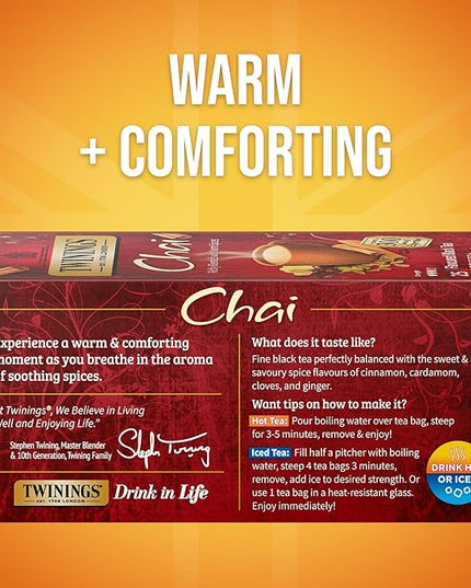 Twinings Chai Black Tea Individually Wrapped Bags, 25 Count (Pack of 6), Sweet, Savoury Spices, Caffeinated, Enjoy Hot or Iced, 150 Teabags
