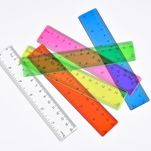 Unjoo Clear Plastic Ruler 6 Inch Straight Rulers, Bulk Assorted Colors, Shatterproof Ruler with Inches and Centimeters for School Classroom, Home, or Office (8 Pack)