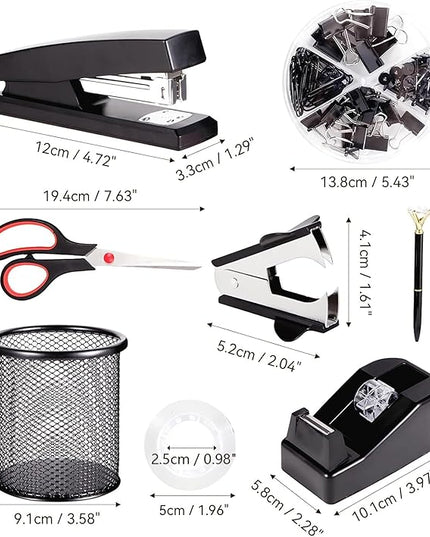 Black Desk Accessories, Office Supplies Set with Stapler, Tape Dispenser, Staple Remover, Pen Holder, Scissor, Binder/Paper Clips, Ballpoint Pen, Clear Tape and 1000pcs Staples