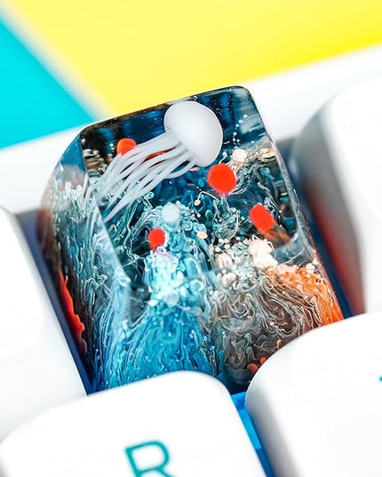 Jellyfish Artisan Keycap Deep Ocean Coral Reef R1 SA Profile Custom Sea Creature Keycaps 1U ESC Handmade Gaming Sea Resin Key Cap Cherry MX Switch Compatible Mechanical Keyboard Jellyfish Lover Gift