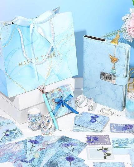Janlaugh DIY Journal Diary with Lock Set Scrapbook Kit Stationary Diary Supplies Art Crafts Kit for Birthday Holidays Ideal Gifts for Women Teen Girls (Blue,Cute)