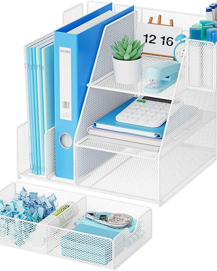 Marbrasse Desk Organizer and Accessories, 3-Tier File Organizer with Drawer and Pen Holder, Small Desktop Organizer and Storage for Workspace Office Supplies White