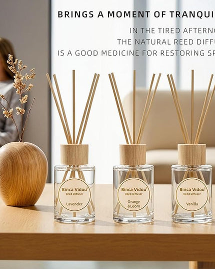 Reed Diffuser Set, Binca Vidou Lavender Vanilla Orange & Lemon Natural Scent Oil Diffusers with Sticks for Home Office Bathroom Aromatherapy Decor 2.7oz x 3
