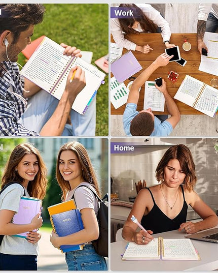 Hardcover Spiral Notebook Journal, 8"x10" Large B5 Notebooks with Removable Dividers Tabs, 300 Pages Leather 5 Subject Notebook College Ruled, Journal for Work School Note, 100 GSM Thick Paper,Purple.