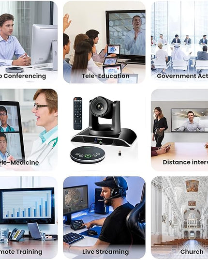 TONGVEO 10x Zoom Conference Room Video Camera System, All-in-One HD 1080P 60fps 10X Optical Zoom USB3.0 HDMI PTZ Camera and Bluetooth Conference Speaker with Microphones Bundle for Medium Room