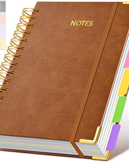 Hardcover Spiral Notebook journal with Removable Dividers Tabs, 300 Pages Leather 5 Subject Notebook College Ruled,A5 Notebooks for Work School Note taking,Lined Journal for Women,A5 Light Brown