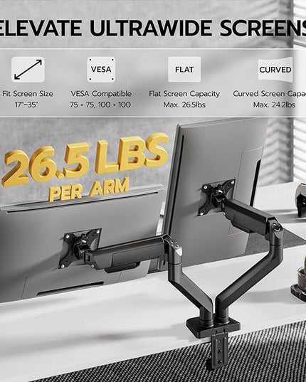 ARES WING Dual Monitor Mount, Heavy Duty Monitor Arms for 2 Monitors for 17-35 Inch, Fully Adjustable Monitor Desk Stand with USB A/C for Ultrawide Screen, VESA 75x75 or 100x100mm, Black
