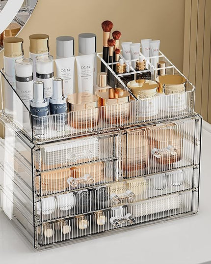 ZHIAI Stackable Storage Drawers, Acrylic Bathroom Counter Organizer Clear Makeup Organizers for Vanity, Kitchen Cabinets, Bathroom, Undersink, Home Organization and Storage (2Top 3 Drawers,)