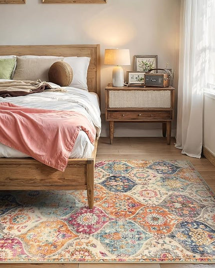 Lahome Moroccan Trellis Washable Area Rugs 5x7, 5x7 Area Rugs for Living Room Bedroom, Indoor Non-Slip Large Oriental Accent Throw Carpet for Kitchen Entryway Bathroom Office, Cream/Multi