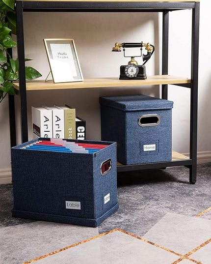 PRANDOM File Organizer Box - Set of 1 Collapsible Decorative Linen Filing Storage Hanging File Folders with Lids Office Cabinet Letter Size Navy Blue (14x9.3x10.8 inch)