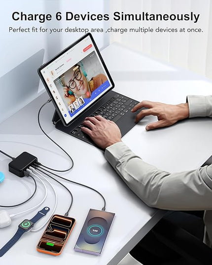 USB C Fast Charger, 100W GaN 6 Port Type C Charging Station Hub Block Cube, USB C Wall Charger Power Strip Adapter Plug for iPad iPhone 17 16 15 14 13 12 Pro Max Pixel Note Galaxy, 5ft Cord