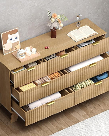 BORNOON Fluted 7 Drawer Dresser, 47.2" Wide Modern Boho Chest of Drawers, Wooden Storage Dresser TV Stand for Bedroom, Living Room, Closet, Hallway, Curved Profile Design