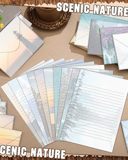 TaoBary 160 Pcs Stationery Paper Set 50 Double Sided Stationery Papers with 50 Matching Envelopes and 60 Round Dot Sticker, 10 Design(Scenic Nature,5.5 x 8.25 Inch)
