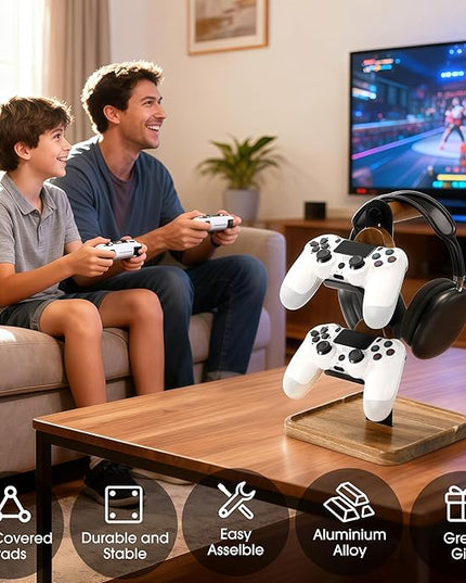 Game Controller&Headphone Wood Stand for Desk, Adjustable 2 Tiers Game Controller Holder for PS/Xbox/Switch/Nintendo,Accessories Managment,Wood,Black