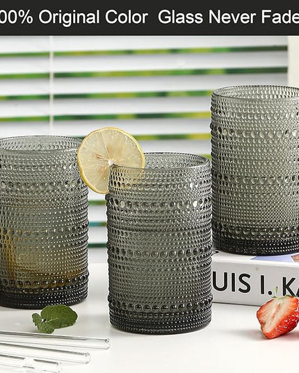 Vintage Hobnail Drinking Glasses Set of 12, 15oz Textured Tumblers - Embossed Grey Bar Glasses for Cocktails, Beer, Whiskey, Dishwasher-Safe Highball Cups for Kitchen, Juice & Mixed Drinks