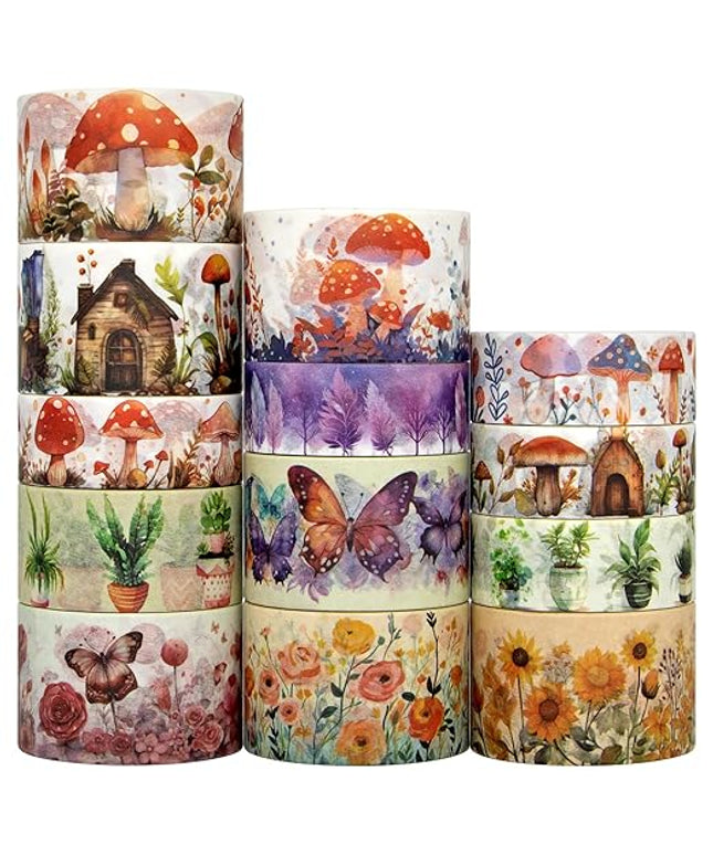 KOVANO Washi Tape Set 13 Rolls - Mushroom Butterfly Floral Decorative Tape, Colored Masking Tape for Scrapbooking Supplies, Bullet Journal Supplies, Junk Journal, DIY Crafts Art