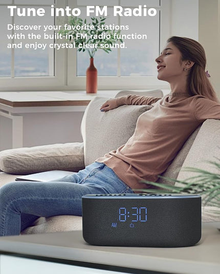 Wireless Charging Alarm Clock Radio: Qi Certified Fast Wireless Charger for iPhone Samsung - 10W Stereo Bluetooth Speaker - Dimmable Digital Clock with FM Radio for Bedroom Black