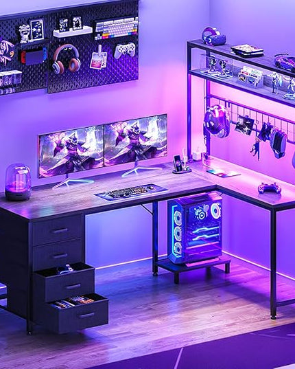 AODK L Shaped Gaming Desk with Hutch, 59" Computer Desk with 4 Drawers & Storage Shelves, Reversible Corner Desk with LED Light & Power Outlets, Gamer Table for for Home Office, Gray Oak