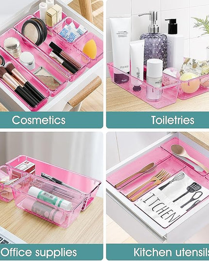 WOWBOX 25 PCS Plastic Drawer Organizer Set, 4 Sizes Desk Drawer Divider Organizers and Storage Bins for Makeup, Jewelry, Gadgets for Kitchen, Bedroom, Bathroom, Office, Clear Pink