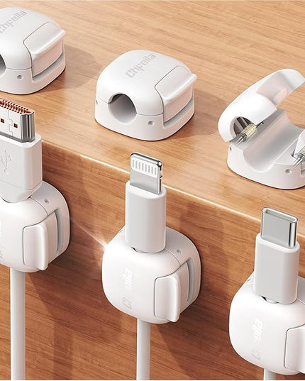 6Pack Cord Organizer, Chfeila Compact Dual Spring & Clasp Lock Cable Management Clips, Adhesive Phone Charger Keeper, Wire Holder for Nightstand/Wall/Car, Home Office Desk Accessories Decor Essentials