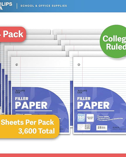 Loose Leaf Paper College Ruled Notebook Paper College Ruled Lined Writing Filler Paper 10.5” x 8” 3600 Sheets 150 Sheets Per Pack 60 gsm (24 Pack)