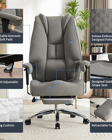 Big and Tall Office Chair with Footrest, PU Leather High Back Executive Office Chair 400lbs, Ergonomic Computer Chairs Lumbar Support for Heavy People (Mesh Grey)