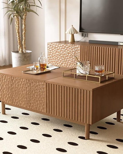 NessCarsti 51.1" Mid-Century Modern Lift Top Coffee Table, Walnut Rectangular Center Table with Hidden Storage, Drawers & Sturdy Wooden Legs, for Living Room, Apartment, Office