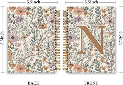 JXREQ Vintage Boho Floral Personalized Notebook, Initial Letter N Notebook Journal, Monogram Notebook, Monogrammed Gifts for Women, Boho Office Supplies, Flower Spiral Notebook 5.5x8.3