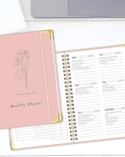Undated Weekly Planner with Metal Corner Hardcover Notebook , A5 Size Journal with To Do List Planner, Habit Tracker,Weekly Goals for ADHD,Student, Office, Women, Men ,Gifts,6 x 8 inches，Spiral Bindding ,Pink