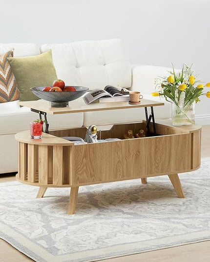 Janmer Home Small Lift Top Coffee Table with Storage, 47.3" Mid Century Modern Curved Coffee Table, Oval Center Table with Lift Tabletop for Living Room, Office (Natural)