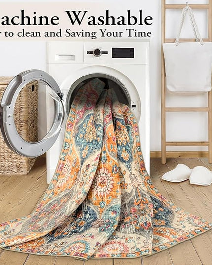 Lahome Moroccan Washable Area Rugs 9x12 Living Room, Soft 9x12 Area Rug for Bedroom, Oriental Non-Slip Non Shedding Throw Large Carpet for Dining Room Office, Cream/Multi