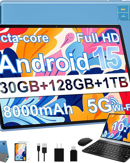 SUAAT Android 15 Tablet 30GB RAM 128GB ROM 1TB Expand, 10.1 Inch Tablets with Keyboard Mouse, Octa-Core, 8000mAh, HD IPS Display, 5G WiFi BT 5.0 GPS, Widevine L1, Gemini AI, Dual Camera - Blue