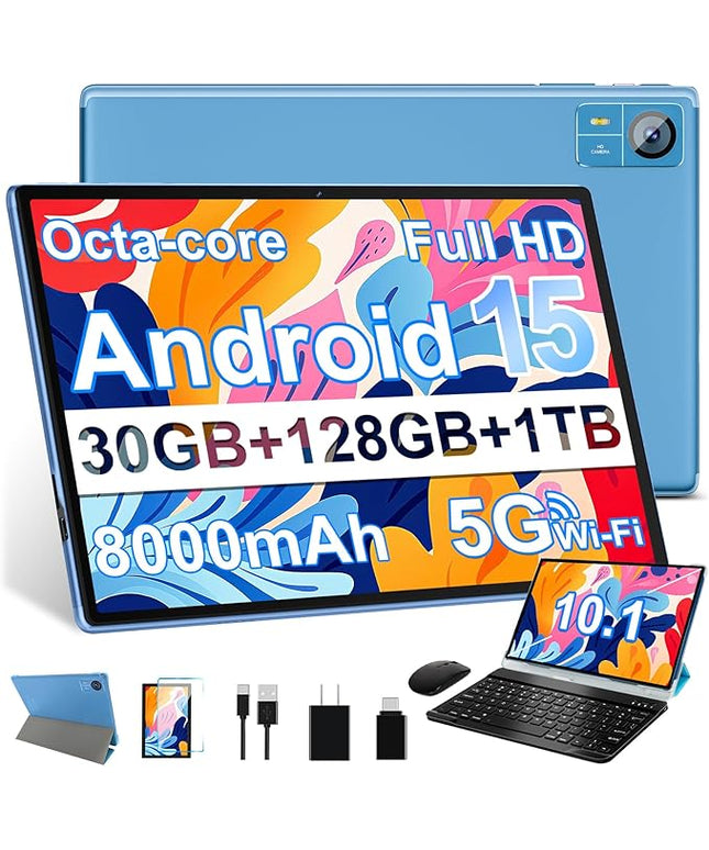SUAAT Android 15 Tablet 30GB RAM 128GB ROM 1TB Expand, 10.1 Inch Tablets with Keyboard Mouse, Octa-Core, 8000mAh, HD IPS Display, 5G WiFi BT 5.0 GPS, Widevine L1, Gemini AI, Dual Camera - Blue