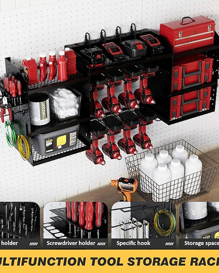 Power Tool Organizer Wall Mount with Charging Station, Heavy-Duty Metal Garage Tool Storage Rack & 8 Outlet Power Strip, 51 Inch 3 Tier 8 Bin Shelves for Workshop Organization