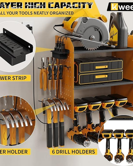 45" Power Tool Organizer Wall Mount with Charging Station - 3 Layer Storage Racks with 8 Cordless Drill Holder, 4 Hooks, Heavy Duty Garage Tool Organizer Storage for Workshop Shed Pegboard Basement