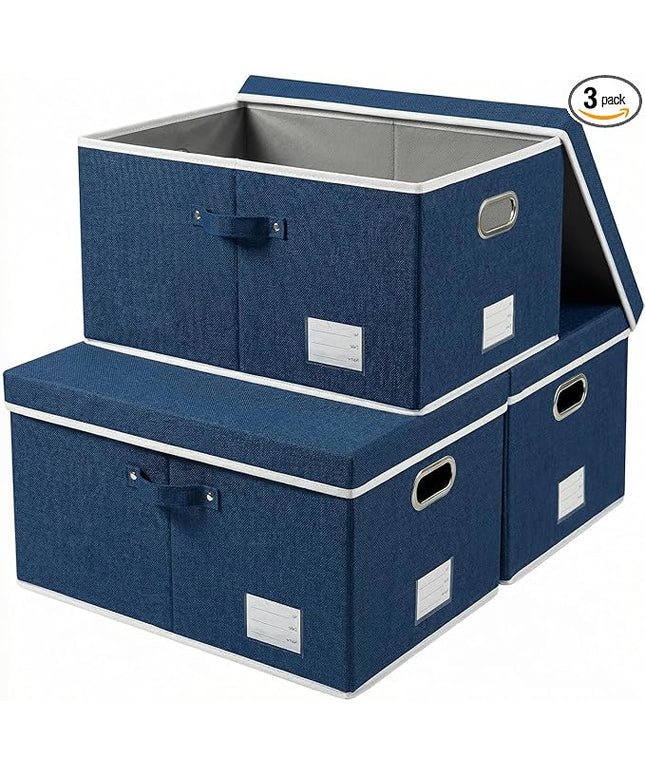 PRANDOM Storage Bins with Lids [3-Pack] Linen Fabric Foldable Storage Boxes Organizer Containers Baskets Cube with Cover Royal Blue(23.4X15.9X11.4)