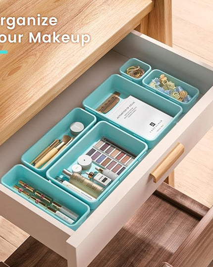 A-LuGei 【𝟮𝟴𝗣𝗖𝗦】 【𝟱𝗦𝗶𝘇𝗲】 BlueGreen Drawer Organizer, Makeup organizer, 【Holds 177 Items】 Bathroom Organizers and Storage, Plastic Desk Organizer Divider, Organizer Bins for Office Vanity