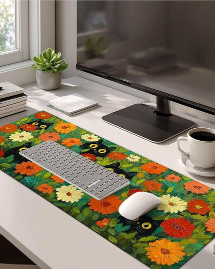 Mouse Pad Gaming Mousepad 31.5 x 11.8 Inch Large Keyboard Desktop Mat Diatomite XL Mouse Pad for Home and Office Desk Accessories with Colorful Floral Garden Cat Artwork