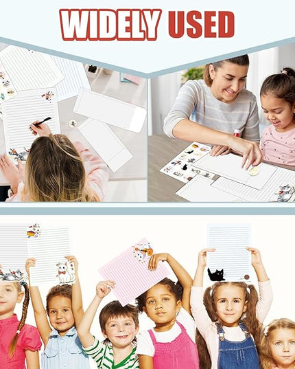 EggSun 250Pcs Cute Stationery Paper and Envelope Set with 100 Letterhead Papers and 50 Envelopes, 10 Design for Letter Writing Invitations Computer Holidays Party Notes, 8.5x11 Inch- Lined Cat