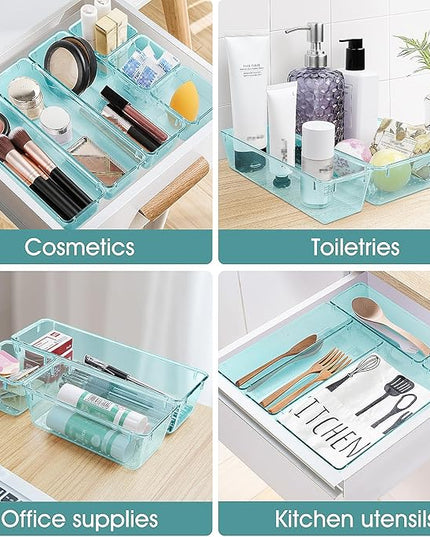 WOWBOX 25 PCS Plastic Drawer Organizer Set, 4 Sizes Desk Drawer Divider Organizers and Storage Bins for Makeup, Jewelry, Gadgets for Kitchen, Bedroom, Bathroom, Office, Sea Blue