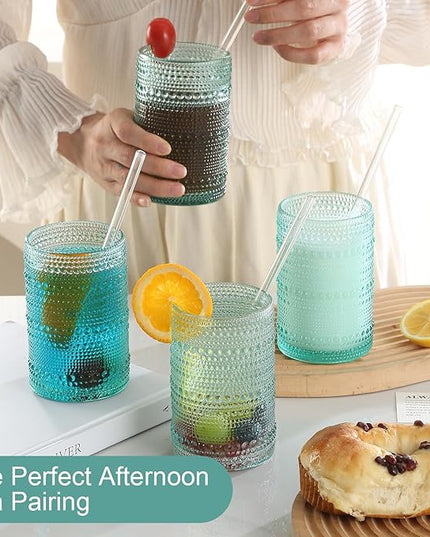 Vintage Glassware Drinking Glasses Set of 12,Light Blue 12oz & 15oz Hobnail Glass Cups,Embossed Water Tumbler,for Beer,Cocktail,Whiskey,Juice and Various Mixed Drinks- 1 Cleaning Brush