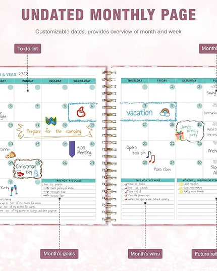 Ospelelf Undated Spiral Bound Planner Daily, Weekly and Monthly Planner, Pink Teacher Planners 12 Month 8.5 x 11