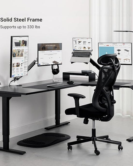Progressive Desk Height Adjustable Computer Standing Desk - L Shaped 70" x 55" Corner Electric Stand Up Rising Workstation - Black Frame, Roasted Walnut Top