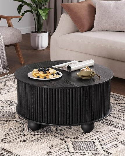 JOINICE Black Round Coffee Table with Storage, 31.5" Fluted Drum Center Table with Sliding Door, Modern Farmhouse Wood Circle Table with Bun Feet for Living Room