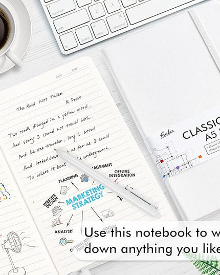 feela College Ruled Notebooks, 24 Pack Business Notebook Hardcover Lined Writing Journal with Pen Holder for Men Women Note Taking, with 24 Black Pens, 120 GSM, 5.1”x8.3”, A5, White