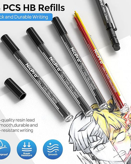 Nicpro 3 PCS 1.3 mm Blacke Mechanical Pencils Set with 48 Lead Refill, 3 Eraser - Weatherproof Metal Barrel, Heavy Duty Carpenter Pencil MP2000 for Outdoor Marking Drafting Drawing Woodworking
